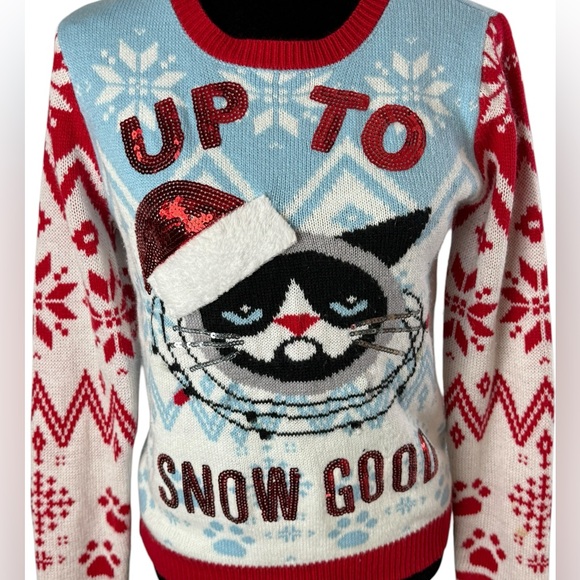 No Boundaries Ugly Christmas Sweater Red and Blue Cat Sweater - Picture 7 of 9